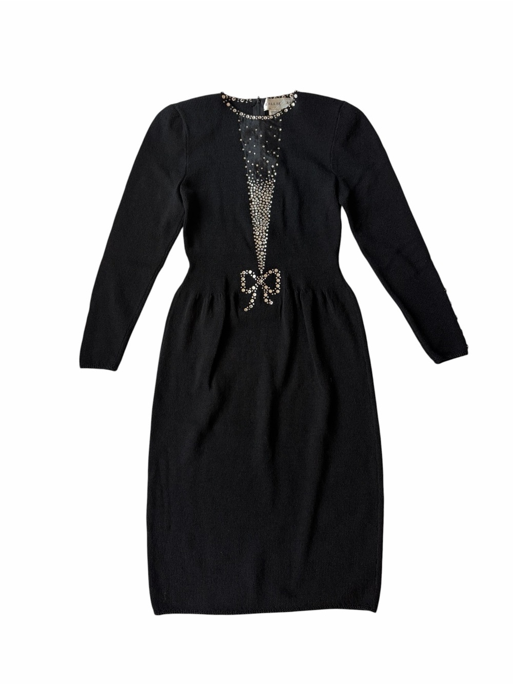 Vintage 80s Lillie Ruben Rhinestone Knit Dress Sheer V Bow Accent Black EUC 4